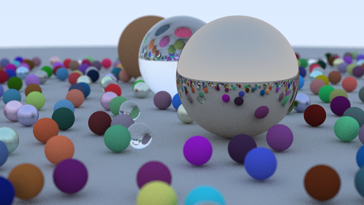 A ray-traced scene full of colorful spheres with a glass, diffuse, and metal sphere in the foreground